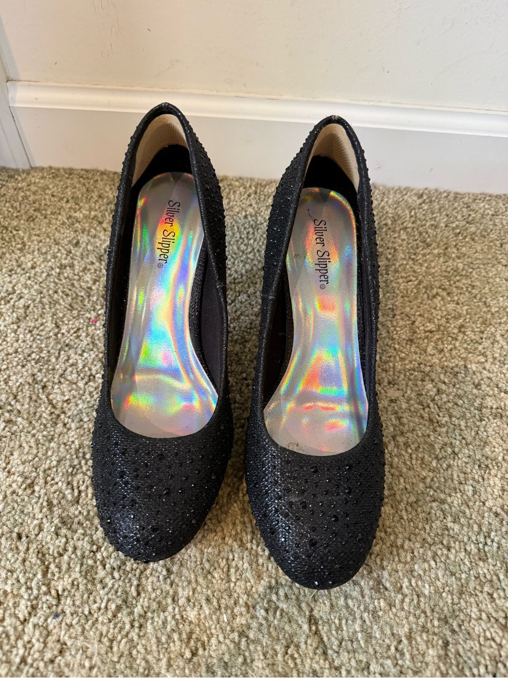 Silver Slipper Black Crystal-Accent Women's Heels